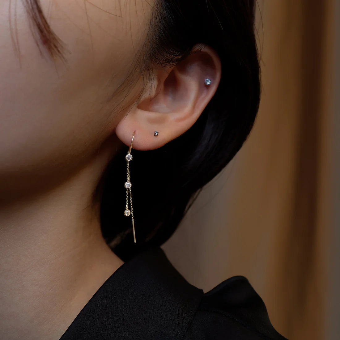 14K Gold Bezel CZ Threader Earring