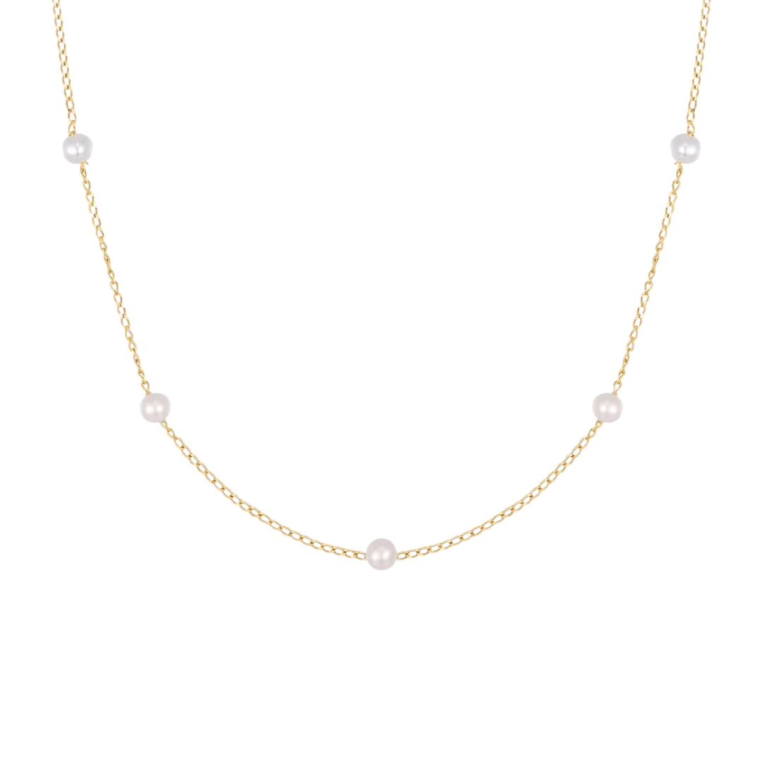 14k Solid Gold Pearl Station Necklace