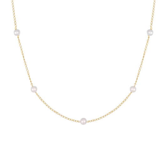 14k Solid Gold Pearl Station Necklace